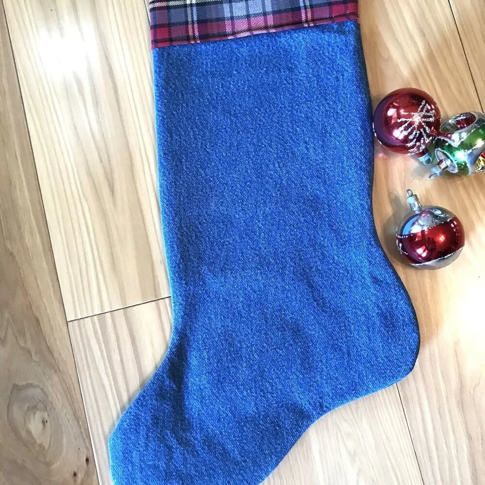 Denim Christmas Stocking, Lake House Fishing Decor Pontoon Boat Jet Ski Graphic